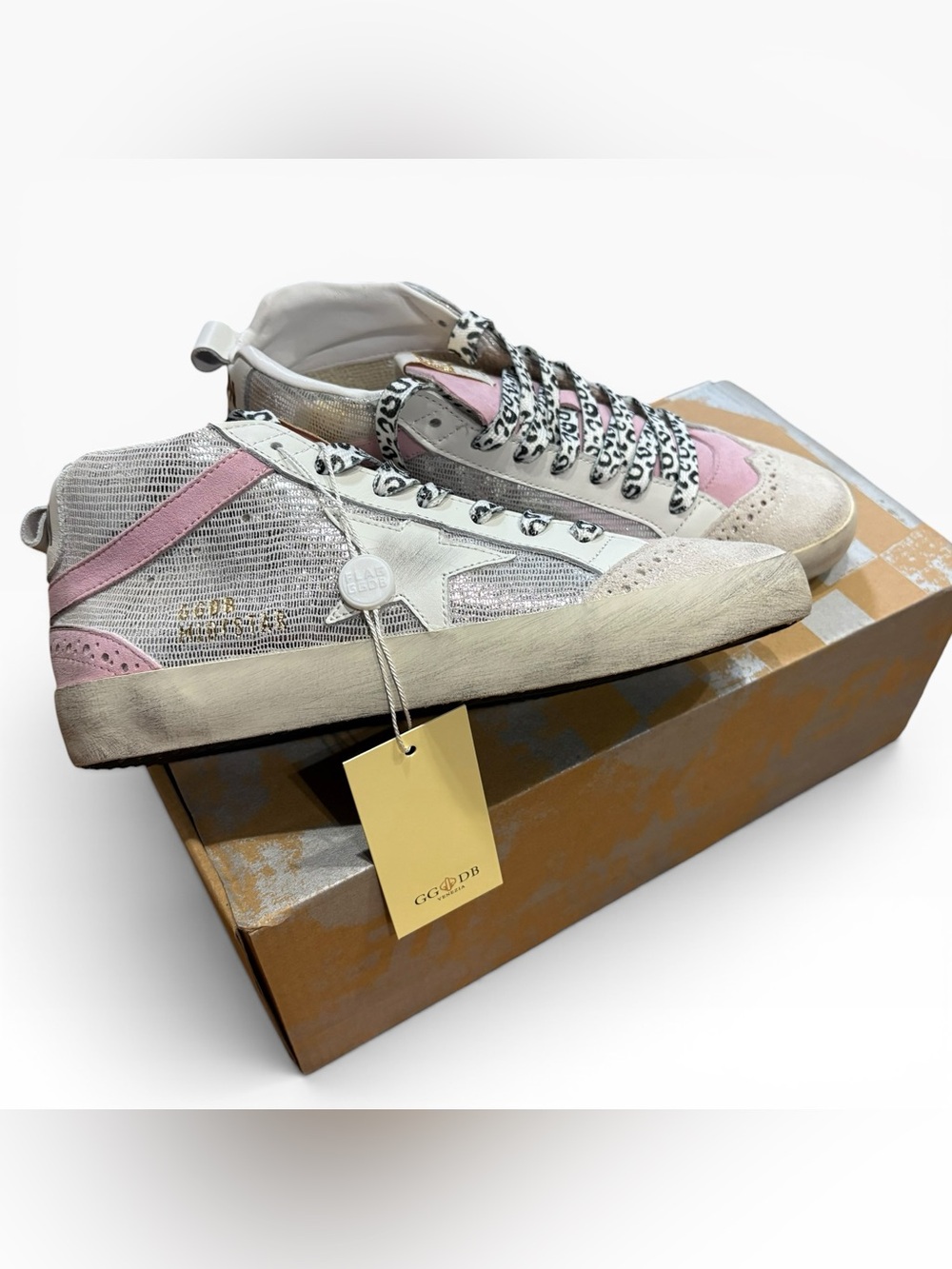 Golden Goose Mid Star Sneakers Pink Silver Leopard Laces - Picture 3 of 8
